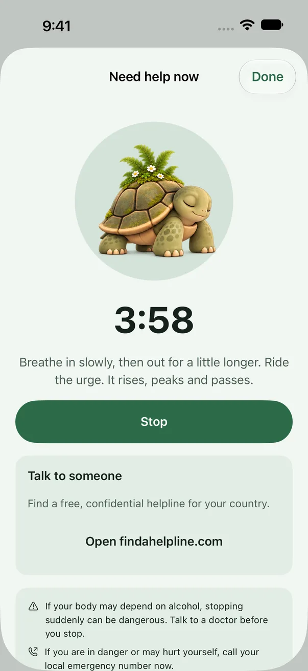 The Fernday help screen with a breathing timer