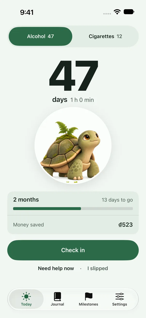The Fernday Today screen showing a 47 day counter
